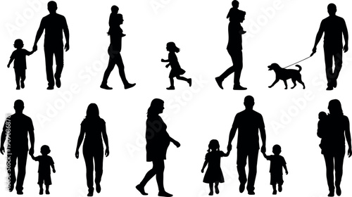 Silhouettes of people walking in various family and social configurations