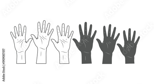 Diverse set of raised hands showing outline and silhouette styles for voting or participation