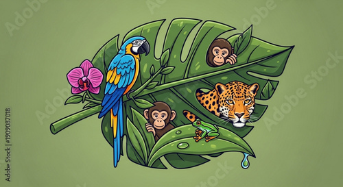 Vibrant jungle scene with parrot monkeys leopard and orchid on large green leaves exotic tropical rainforest illustration