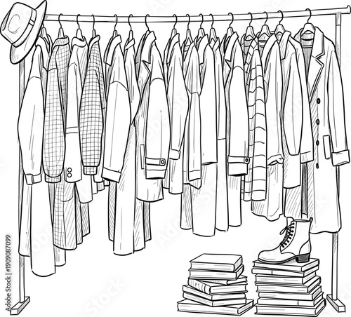 Hand Drawn Clothing Rack Illustration with Fashion Apparel Coats and Accessories
