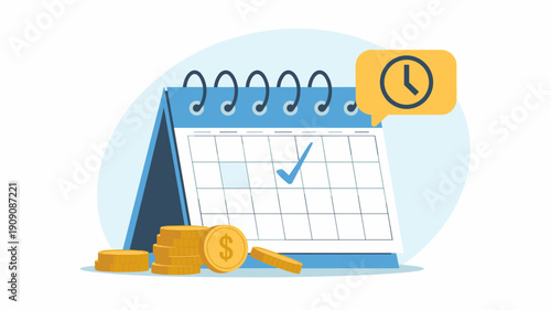 calendar with marked date coins and time icon speech bubble for deadline reminder and financial planning success on schedule