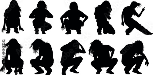 Collection of 10 black silhouettes of people in various dance poses