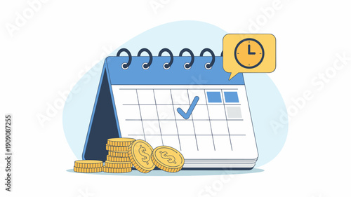calendar with marked date coins and time icon speech bubble for deadline reminder and financial planning success on schedule