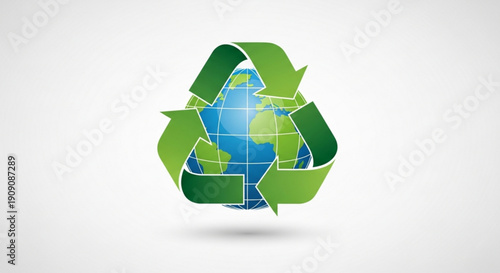 Earth globe wrapped in green recycling arrows on white background symbolizing environmental conservation and sustainability