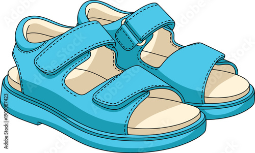 Kids Blue Summer Sandals Vector Illustration with Hook and Loop Straps