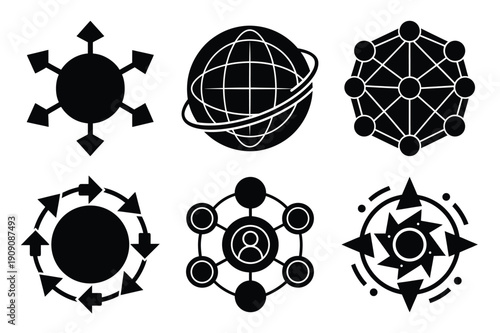 Abstract network icons featuring globes stars and connections black silhouette high quality professional