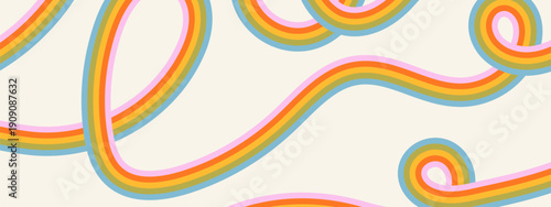 Retro banner with curved lines and rainbow stripes. Groovy abstract background.