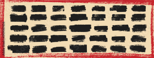 Ink roller stroke texture collection. Rough black brayer rectangles with distressed grain on beige bg and grunge red frame border.