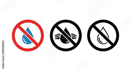 Collection of different water drop prohibition signs indicating restrictions against moisture exposure