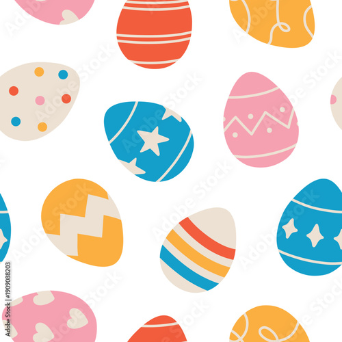 Seamless pattern with colourful Easter eggs on white background. flat vector design perfect for Easter wrapping paper, fabric, stationery, packaging, spring decorations and childrens pr