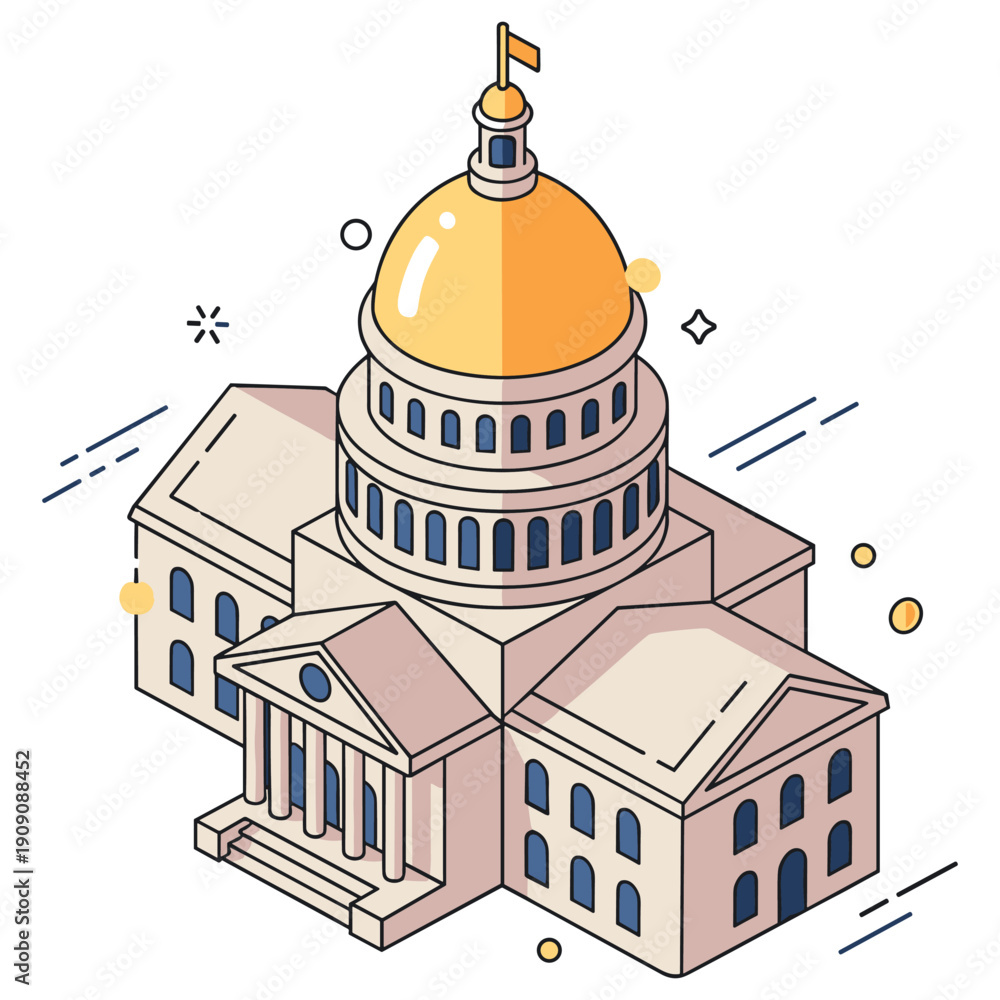 Fototapeta premium Isometric illustration of government building with golden dome and columns