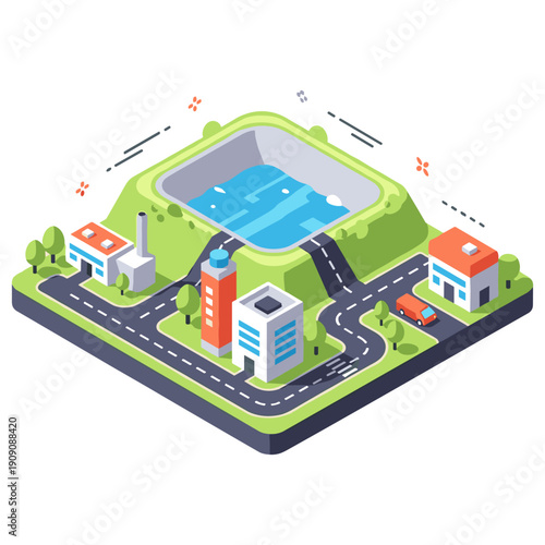 Isometric industrial park with water reservoir and buildings