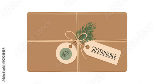 Brown paper package tied with string features a sustainable tag and natural greenery accent