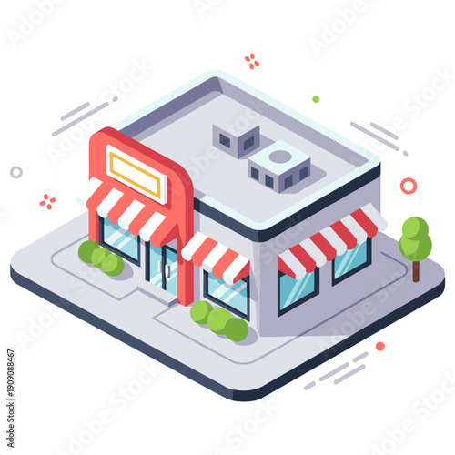 Isometric illustration of small store building with red awnings and minimalist design