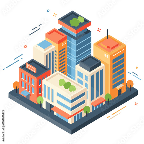 Colorful isometric cityscape with modern urban buildings and green rooftops