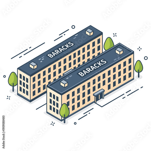 Isometric military barracks buildings with trees and pathways