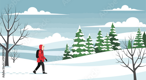 Hiker in bright red winter coat trekking through snowy landscape with evergreen trees