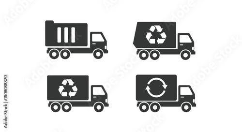 Collection of four different stylized vector icons representing waste management and recycling trucks