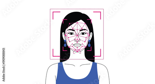 Digital biometric facial recognition scanning technology analyzing a woman's face for security verification