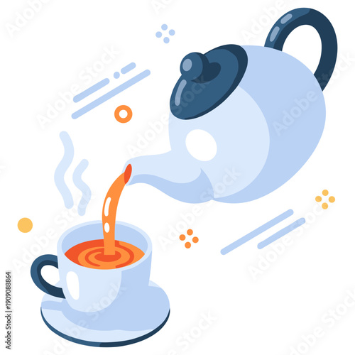 Isometric teapot pouring hot tea into cup with saucer on white background