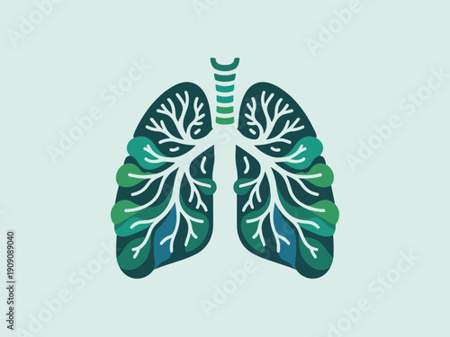 Stylized lungs illustration with green leaves and tree branches symbolizing healthy breathing fresh air and respiratory system wellness for medical science and environmental awareness concepts