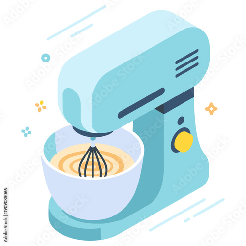 Blue electric mixer with whisk and bowl on white background