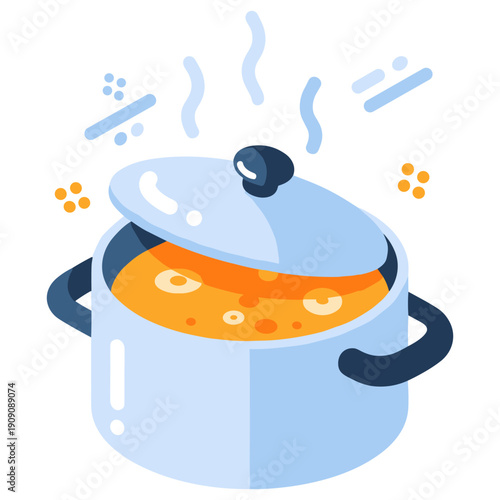 Cartoon cooking pot with steamed lid and simmering soup