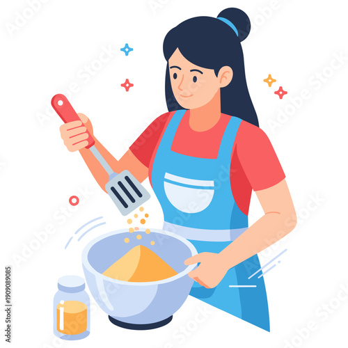 Young asian female cooking in kitchen with mixing bowl and spatula