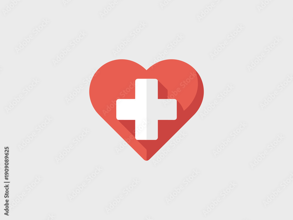 Obraz premium Red heart with white cross symbol representing healthcare medical cardiology wellness and life insurance concept flat design illustration for healthcare industry and wellness campaigns