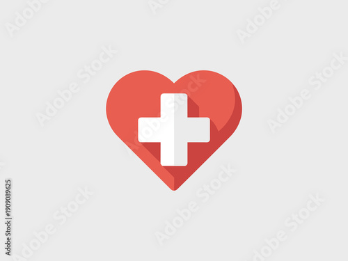 Red heart with white cross symbol representing healthcare medical cardiology wellness and life insurance concept flat design illustration for healthcare industry and wellness campaigns