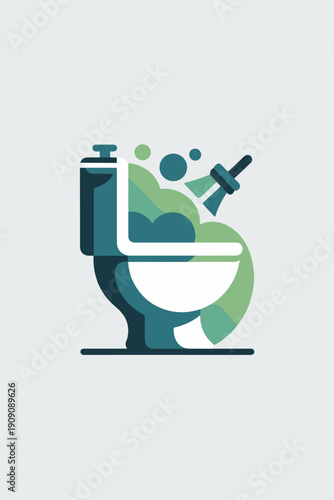 Modern toilet cleaning illustration with soap bubbles and brush for hygiene and sanitation concepts in bathrooms and healthcare industries vector art for cleaning services and home maintenance