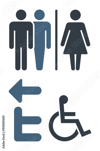 Male and Female restroom signs with accessibility symbol and directional arrows modern flat vector illustration for public building signage information and wayfinding graphics concept
