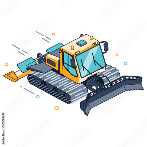 Cartoon snowplow machine on the move with vibrant colors and geometric design. No editable stroke