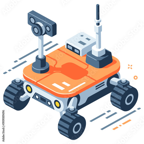 Orange mars rover cartoon illustration with camera and antenna on wheels. No editable stroke