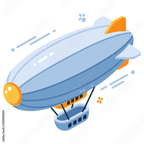 Colorful cartoon airship illustration with dynamic motion elements. No editable stroke