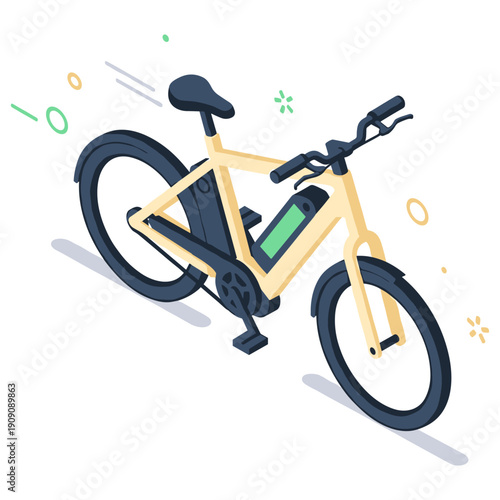 Illustrated yellow electric bicycle with black wheels and simplistic design elements. No editable stroke