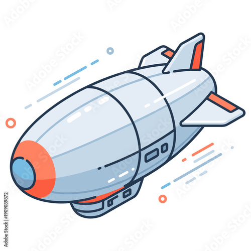 Cartoon airship blimp with orange accents flying through the sky. No editable stroke