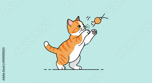 Cute Orange Tabby Kitten Playing with Toy Mouse, Cartoon Style