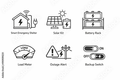 Smart emergency shelter solar kit with battery rack and load meter icons