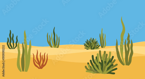 Desert Landscape with Sparse Vegetation and Sand Dunes Under Blue Sky