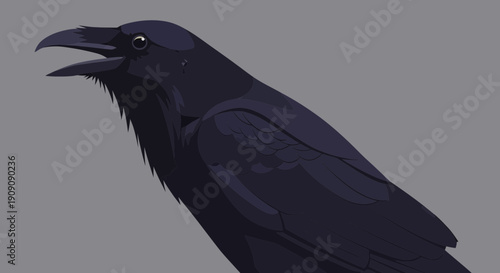 Dark Raven Bird Portrait - Open Beak, Detailed Feathers, Mysterious Aura