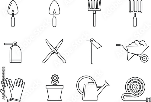 A collection of black and white line art icons depicting various gardening tools and equipment for planting and maintenance.