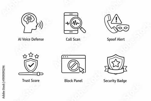 Ai voice defense icons: call scan, spoof alert, trust score, block panel, security badge