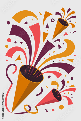 Celebration exploding confetti poppers festive party streamers and abstract shapes dynamic motion graphic for holiday events and special occasions vibrant graphic design concept illustration