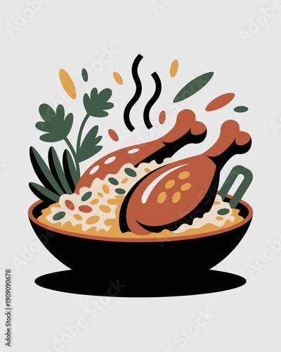Roasted chicken legs served with creamy risotto and fresh parsley garnish steaming hot delicious meal for restaurant menu website and food blog promotion healthy comfort food concept flat design illus