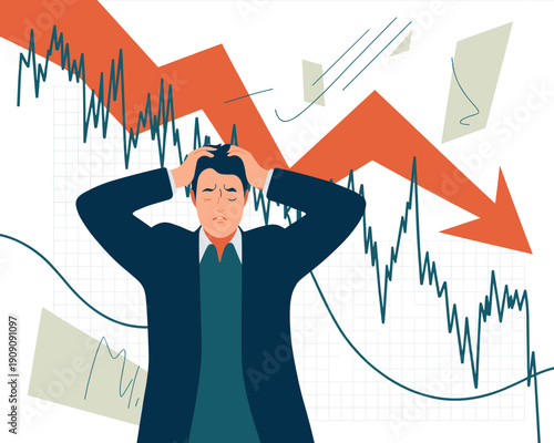 Distressed businessman holding head with eyes closed amidst falling stock market graph and red arrow indicating financial crisis economic recession concept illustration for business failure and invest