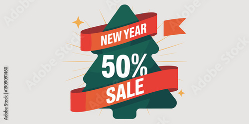 New Year 50 percent sale discount banner with christmas tree shape and festive ribbon for holiday shopping season promotion advertising retail marketing event announcement celebration announcement