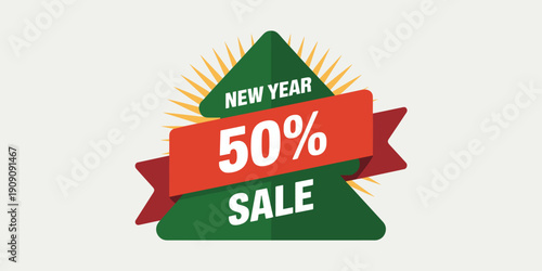 New Year 50 percent sale banner graphic design element with festive ribbon and sunburst background for seasonal advertising promotions and retail marketing campaigns celebrating holiday discounts