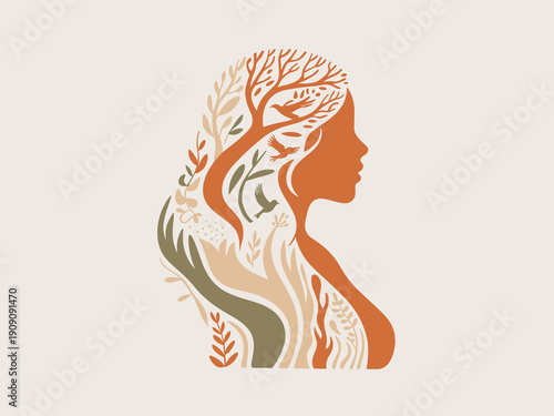 Female silhouette profile with tree branches birds and botanical elements in hair and body representing nature connection growth and harmony for eco conscious branding and wellness concepts
