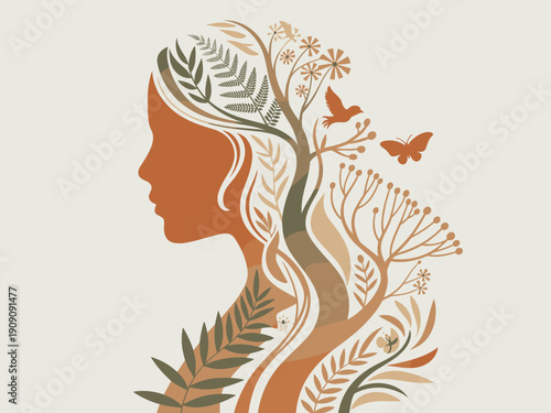 Silhouette profile of a woman with botanical elements growing from her hair and body symbolizing nature connection and growth concept of ecofeminism and harmony with the earth for environmental wellne